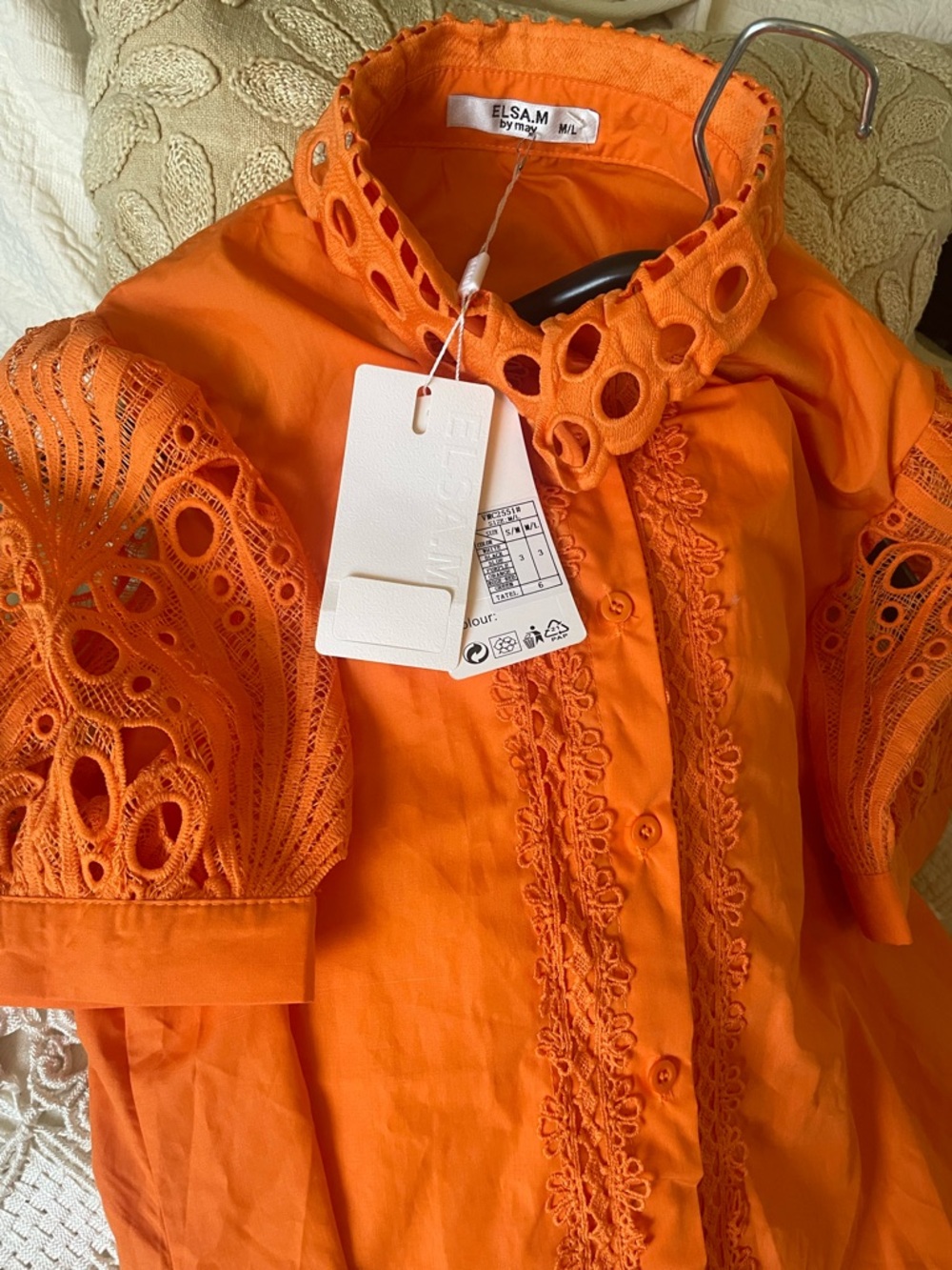 ELSA Orange Eyelet Lace Puff Sleeve Blouse